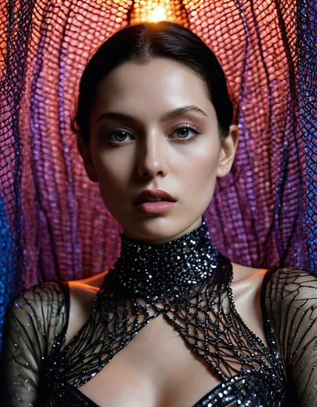 lewd, slutty, photograph, portrait, close up of a Hira, wearing Liquid Crystal Polymer and Metallic Mesh, at Twilight, cinematic lighting, Selective focus, by Karen Knorr, Hedi Slimane, amusing, contemporary fine detail, dynamic cinematic color, shiny, complex artistic color composition, rich vivid colors, magical composition, cool colors, perfect background