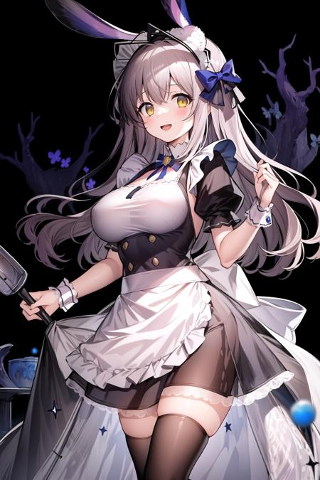 masterpiece,high quality,1girl,(solo:1.2),open mouth,(happy:1.2),(standing),looking at viewer,long hair,light gray hair,yellow eyes,rabbit ears,large breasts,maid,maid apron,