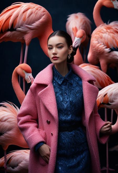 cinematic photo of a woman with a pink feather coat hugging a group of elegant pink flamingos in a black studio background, surrealism, coat designed by Balenciaga, nostaligic mood, dark blue, rembrandt lighting, blue and warm lights, shot with Hasselblad X1D, A cinematic, hyper-detailed, National Geographic-style composition, shot with a Canon EOS R5, f/1.4 aperture, soft bokeh background, 8K resolution, photorealistic,