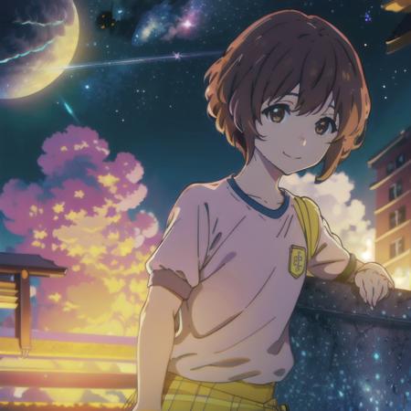 masterpiece,best quality,bright colors,space,starry sky,star( sky),cinematic lighting, extremely detailed CG unity 8k wallpaper,solo,smile, sky, cloudy_sky, building, moonlight, moon, night, (dark theme:1.3), light, fantasy,Nishimiya,1girl,solo,short hair,brown hair,brown eyes,pink shirt,yellow skirt,lookind at viewer,close up, <lora:ShoukoNishimiya :0.8>