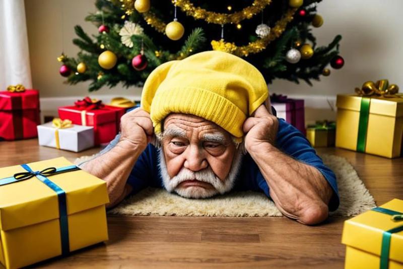 A man with a yellow hat and a beard is sitting on the floor next to a Christmas tree and a present.