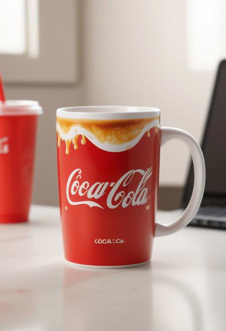 In the foreground, a sleek and stylish McDonald's branded Coca-Cola mug takes center stage. The mug is adorned with the iconic red and white Coca-Cola label, featuring the classic script font and the familiar contour bottle silhouette. The mug is made of clear plastic, allowing the rich, caramel-colored soda within to be visible. The McDonald's logo is discreetly placed near the base of the mug, a subtle nod to the partnership between the two global brands. The mug is filled to the brim with the fizzy, refreshing beverage, and a perfect swirl of foam rests atop the liquid, inviting the viewer to take a sip. The background is a blur of soft, warm colors, creating a cozy and inviting atmosphere that enhances the appeal of the drink.