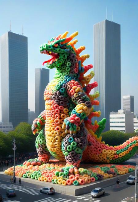 made of fruit loops <lora:FruitLoopStyle:1> Godzilla, in downtown Tokyo