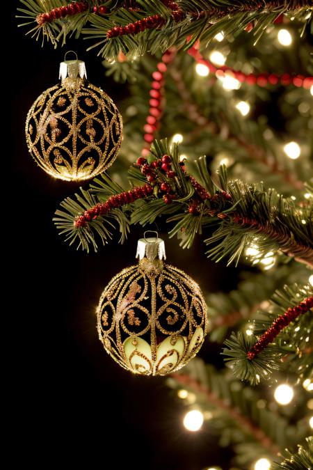an ornament on a christmas tree, close-up, detail, absurdres, intricate detail, filigree glass, resplendent glistening shiny glass, glowing with holiday magic, the spirit of yuletide, award winning photography, magazine cover, branches, pine needles, lights