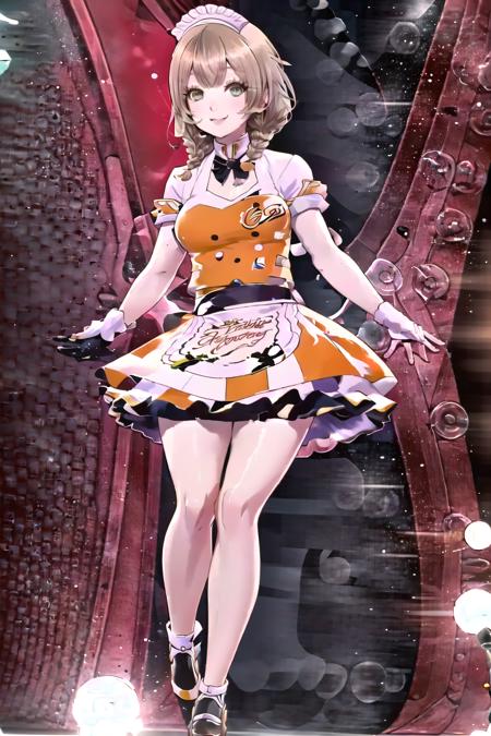 solo, 1girl, ruri sakurada, idol, waitress, maid headdress, yellow dress, waist apron, white gloves, black footwear, (smile, wink, looking at viewer), (leg up, standing on one leg), (stage, stage lights, indoors), full body, <lora:negative-e12-15:-1.5>