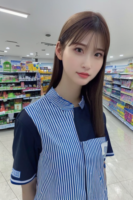 1girl wearing lawson uniform, in a blue and white uniform, in a convenience store,(RAW photo, best quality), (realistic, photo-realistic:1.4), masterpiece, an extremely delicate and beautiful, extremely detailed, 2k wallpaper, Amazing, finely detail, extremely detailed CG unity 8k wallpaper, ultra-detailed, highres, soft light, beautiful detailed girl, extremely detailed eyes and face, beautiful detailed nose, beautiful detailed eyes,perfect anatomy,soft light,slender body,standing,