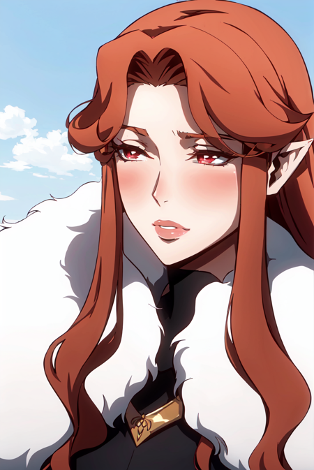 castlevania style, 1girl, solo, red eyes, long hair, blush, red hair, lips, parody, fur trim, pointy ears, brown hair, looking to the side, looking away
, ((masterpiece))
<lora:castlevania_style_offset:1>