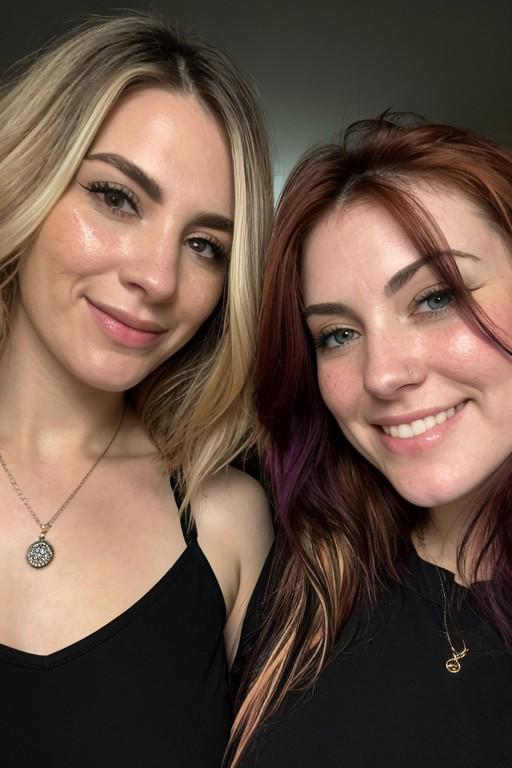 reddit,r/milf, bad aesthetic photo of two beautiful women, (hair color:1.2), smiling, detailed face, night, dark, focus lighting,face close-up ,black background, looking at viewer and facing viewer,(freckles,acne:0.8), moles on their face