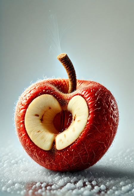 8k, Tilt shift photography style, a Juicy cross section of a apple, pamcocomat, juice splash, ( Unmanned:1.2), ( thick fog:1.4),