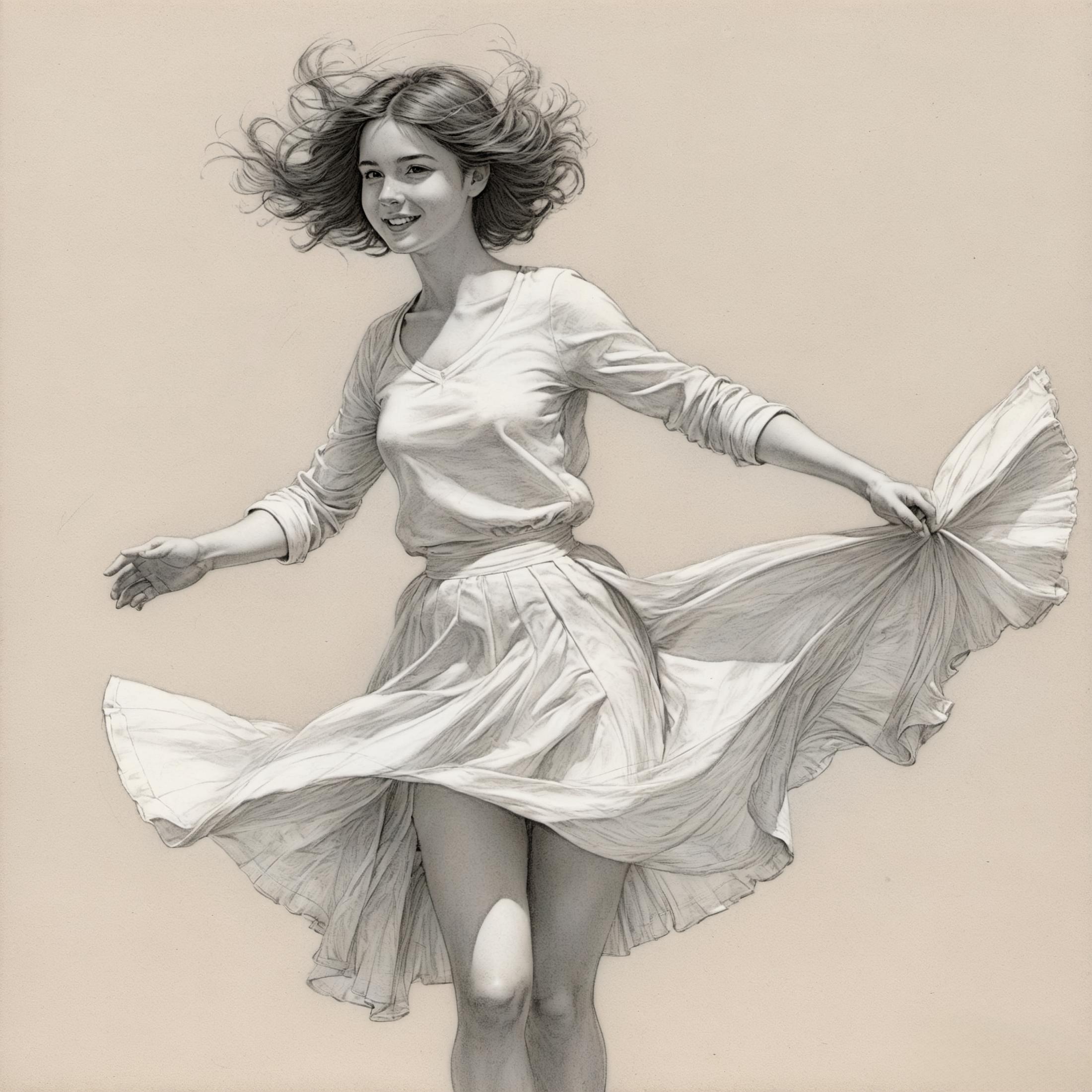 A woman with a white dress blowing her hair in the wind.