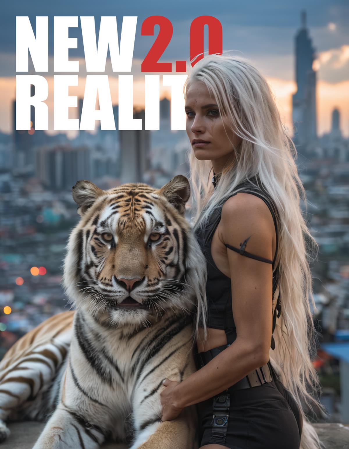 A blonde woman posing with a tiger in a cityscape.