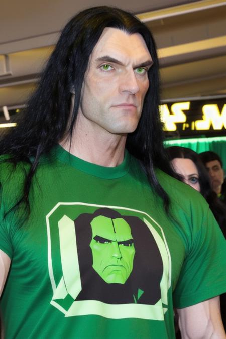 a tall muscular man, at the crowded comicon convention, perfect face, clear eyes, long black hair, perfect day, in a green star wars shirt, (people in the background), candid, amateur, raw, 8K, uhd, masterpiece, close up, [smiling:0.8], <lora:peterSteele:1>