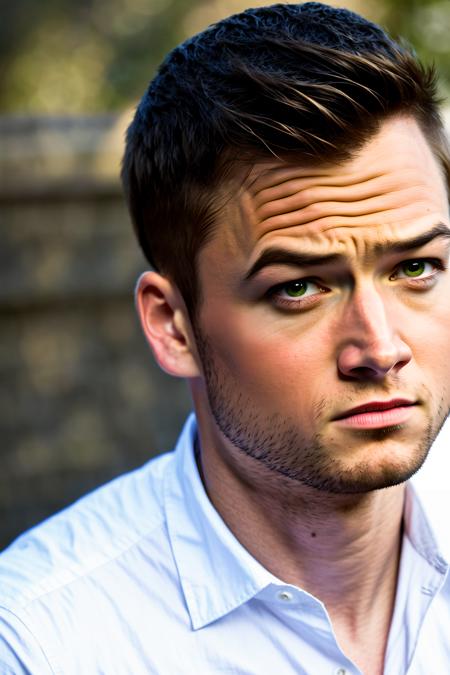 portrait of a guy, masculine, realistic, upper_body,, face focus, blurry background, white shirt 1man,  TaronEgerton, <lora:Taronegerton:0.7>, simple background, outdoors,  (masterpiece, best quality:1.5), (masterpiece,best quality:1.5)
