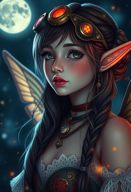 (Anime Style), Cosmic Steampunk Elf, seductive, innocent, space dust, Heavenly, rich vibrant vivid colors, full moon night background, (Portrait photo), (depth of field), (dynamic angle), (fine textures details), (sharp), (artistic image)