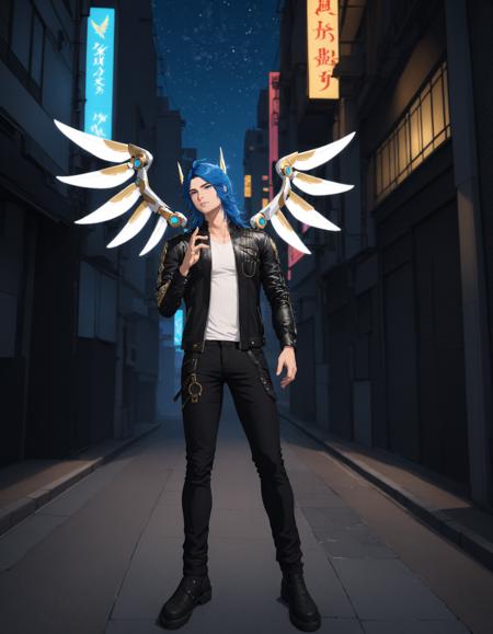 Parker Edwards, 1 boy, male focus, solo, long hair, blue hair, shirt, wings, mechanical wings, long sleeves, jacket, leather , open jacket, black jacket, leather jacket, white shirt, open clothes, pants, black pants, tattoo, hand up, standing, sky, night, neon lights, building, outdoors, cinematic lighting, cinematic angle, dark, dark background, masterpiece, best quality , <lora:ParkerEdwardsXL:0.5>