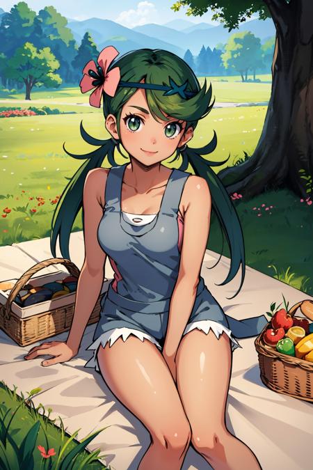 masterpiece, best quality, <lora:mallow-nvwls-v1-000008:0.9> defmallow, twintails, hair flower, hair ornament, grey overalls, pink shirt, sleeveless, grey shorts, medium breasts, looking at viewer, sitting, on ground, picnic basket, blanket, looking at viewer, tree, from above, smile, sitting, flowers, field, dark skin