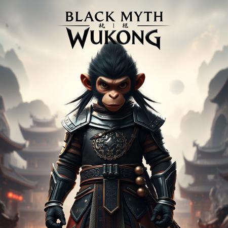 Black Myth: Wukong game poster, full-body shot of the Monkey King in armor with big eyes and long hair standing tall against an ancient Chinese backdrop. The title "BLACK MYTH WUKONG" is written at the top center in bold letters. High resolution, rich colors, cinematic quality