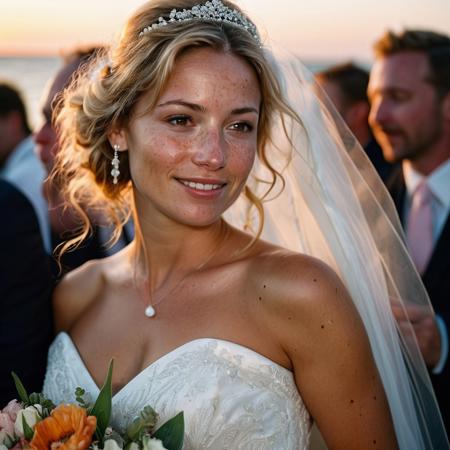Stunning 35mm photo of a 42 years old Dutch woman, ((an breathtaking wedding dress)), very pretty, fit, skinny, highly detailed face, highly detailed skin, freckles, many freckles on arms and tits, freckles and moles all over body, natural breasts, perfect breasts, hard nipples, Rounded ass, blonde hair, pubic hair, short hair, messy hair, medium hair, brown eyes, highly detailed skin, highly detailed face, in love, happy, detailed pupils, at her wedding party, in a beach club on the Dutch coastline, holding a pretty bouquet of flowers, emotional but happy after her new husbands beautiful speech, sunset, you can tell from the expression on her face that she is highly sexually aroused, low light, soft natural light, Rembrandt style light, made with a Hasselblad camera, 35mm, film grain, masterpiece, sharp focus, ((Photorealistic:1))