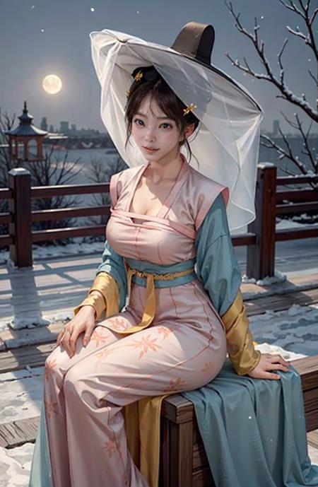 1girl, weimao hat, masterpiece, best quality, 8k <lora:veilhat_v2b:0.88>, snow, big and beautiful breasts, sitting, (moon night)