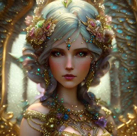 masterpiece, A photograph of  dress transparent, gem, details, art nouveau octane render, detailed scene, magical items, highly detailed scen, Princess girl with wing, Blue, Pastel, glitter, dramatic, dreamy, pastel, Watercolor, Whimsical, Delicate, seashell crown <lora:ornate:2.9>