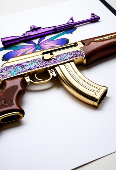 butterflyStyle,
purple butterflyStyle, 
A photograph depicts a close-up of a hand drawing a detailed, (a Art Nouveau AK-47 morphing into iridescent butterfly wings) line sketch of a rifle on white paper. , holographic display with technicolor patterns, chrome metal plating transforming into delicate wing membranes, goldwork eggplant color theme, intricate pattern, detailed goldwork, Art Nouveau style, focus on AK-47, The hand, with medium skin tone, holds a metallic pencil. The rifle design includes a long barrel, a stock, and a visible magazine. The lines are clean and precise, indicating careful attention to detail. The background is out of focus, emphasizing the drawing.