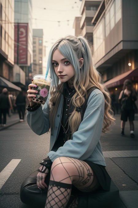 4K,8K. An attractive american gothic punk girl, with black punk fitting clothes, (blonde very long wavy hair:1.05) (wide dreamy light blue eyes,) wide smile, face close up, (holding a bubble tea,) (dynamic sitting pose, on the street)