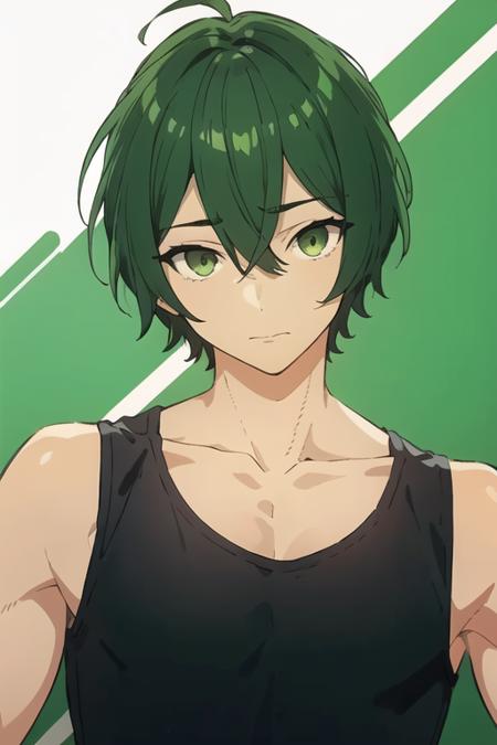 shuu_iura green hair green eyes hair between eyes