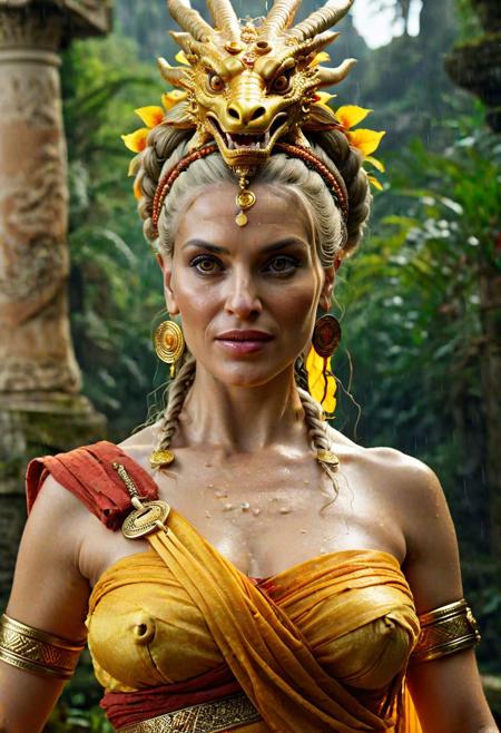 style: photorealistic, 
highly detailed, 
high resolution, 
a malicious amazon woman wearing an antique long roman toga with golden applications, 
(in her late 40s:3),
(plump:3), 
evil and dismissive smiling, 
glowing yellow dragon eyes, 
extravagant colored hair with long braids, 
strong wrinkles, 
stretch marks, 
cellulite,
(looking at camera:3)
standing proudly in a large rain forest with ruines of ancient greek buidlings, 
the scenerie is full of very warm light and colors
<lora:WildcardX-XL-Detail-Enhancer:1.5>