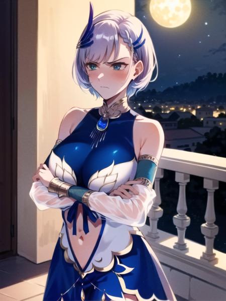 unparalleled masterpiece, 4k, (best quality:1.2), (highly detailed:1.2), detailed shadows, pavolia reine, short hair, reine-main-outfit, dress, detached sleeves, navel cutout, bare shoulders, white thighhighs, angry, annoyed, blush, (crossed arms under breasts:1.2), balcony, beautiful town in background, starry night, milkyway, moon, cowboy shot,  <lora:Pavolia Reine v2b:1>