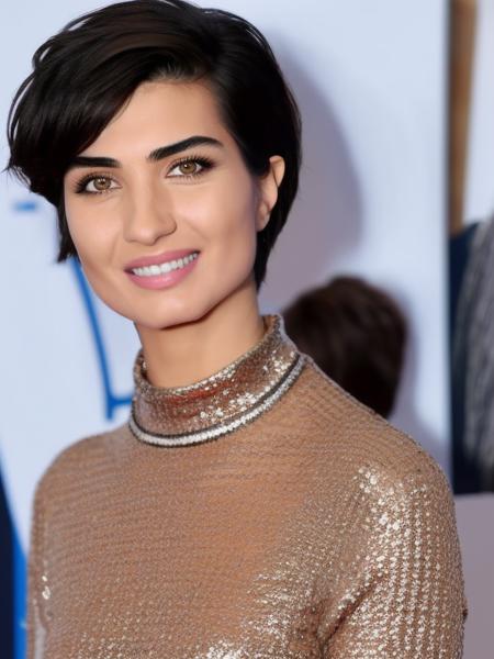 <lora:TubaBuyukustun01-000005:1> TubaBuyukustun01, wide smile, teeth showing, nose crinkles, happy, short brown hair, hair pinned back, dinner table, tight sweater, jeans