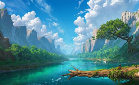 ConceptArt, no humans, scenery, water, sky, day, tree, cloud, waterfall, outdoors, building, nature, river, blue sky