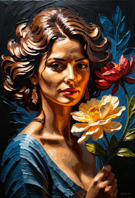 A vivid 8K HDR impasto painting using maximalist chiaroscuro, portraying a woman with a faded flower. The scene is rich in texture and dramatic lighting, showcasing the depth and emotion of the subject. The impasto technique enhances the tactile quality of the artwork. Created Using: intense chiaroscuro contrasts, thick impasto textures, glibatree prompt, high-detail expression, emotional resonance