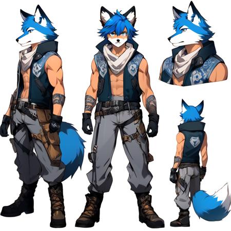 solo, blue eyes, gloves, 1boy, animal ears, blue hair, tail, full body, male focus, boots, belt, fingerless gloves, vest, hand on hip, wolf face, fox ears, muscular, fox tail, transparent background, abs, furry, furry male