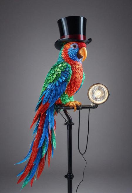 embedding:lazmpos, LED, colorful LED lights, RGB lights, red green and blue parrot, art deco, top hat, cane, monocle,RetroBG