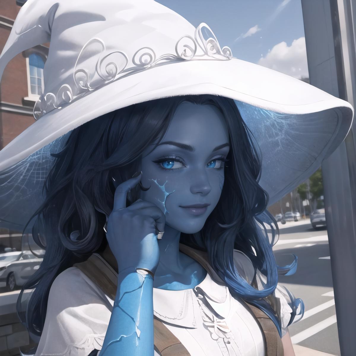 A computer-generated image of a blue-skinned girl wearing a witch's hat and holding a cell phone.