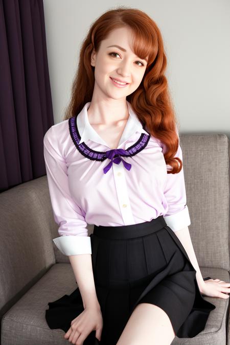 abbyr, purple shirt, long black skirt, smiling, white couch