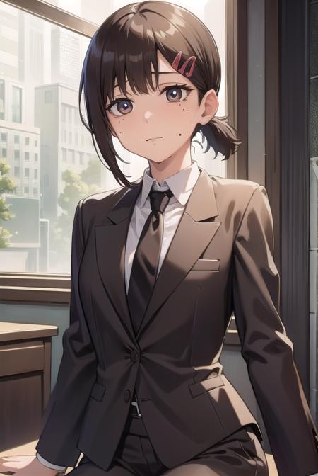 kobenihigashiyama, <lora:kobenihigashiyamatest:1>,
kobeni higashiyama, black hair, hair ornament, hairclip, mole, mole under eye, ponytail, short hair, (brown eyes:1.5), (small breast:1.2),
BREAK black necktie, black pants, business suit, formal, long sleeves, necktie, pants, suit, 
BREAK looking at viewer,
BREAK indoors, classroom,
BREAK <lora:GoodHands-vanilla:1>, (masterpiece:1.2), best quality, high resolution, unity 8k wallpaper, (illustration:0.8), (beautiful detailed eyes:1.6), extremely detailed face, perfect lighting, extremely detailed CG, (perfect hands, perfect anatomy),