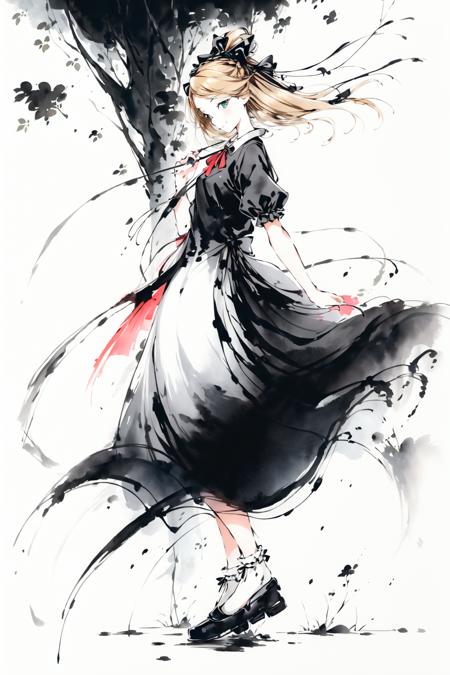 <lora:Freehand_Brushwork:1>, 1girl, virtual youtuber, solo, long hair, blonde hair, smile, dress, short sleeves, shoes, bow, puffy short sleeves, blue dress, puffy sleeves, full body, ribbon, black footwear, white socks, simple background, apron, socks, closed mouth, white background, black ribbon, very long hair, bangs, standing, white apron, bobby socks, black bow, blush, hair bow, frills, looking at viewer, hair ribbon, mary janes, hairband, green eyes, frilled apron, collared dress, frilled dress, blue eyes