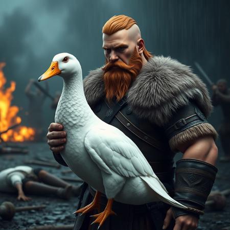 anatomically correct, (hyper realistic, ultra detailed), 3d, cgi, complex shadows, intricate details, viking, warrior, muscular, leather armour, fur on armour, red hair, short hair, large beard, braided beard, white duck, black eyes, fluffy, short, standing, viking is holding white duck, viking is holding white duck like a weapon, white duck is being wielded like an axe, white duck looks ready for violence, viking looks ready for violence, battle ground, dark, fire, fighting in background, weapons, dead bodies on ground, raining,
