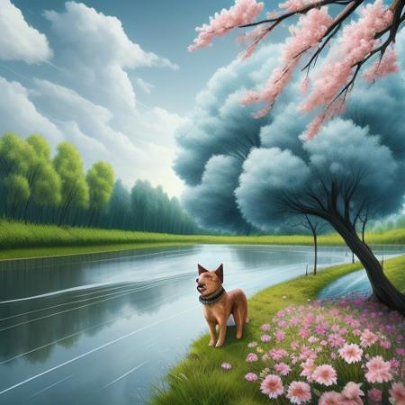 sky,1dog,river,tree,flower,<lora:cc:1>,