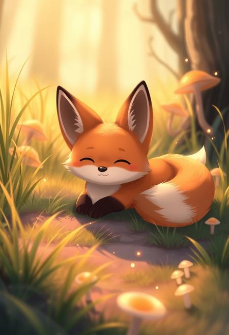 A relaxed fox with oversized ears and a plump, fluffy tail is sprawled across a vibrant forest floor bathed in soft golden light. The fox’s design is adorably chibi-like with stubby legs, rounded cheeks, and expressive closed eyes, giving off a deeply content vibe. Its fur is smooth and slightly glossy, rendered in warm gradients with delicate highlights. The background blends soft pastel tones with anime-style painterly detail—blades of grass sway gently, and stylized mushrooms glow faintly in the underbrush. The atmosphere is whimsical yet composed, with balanced framing and smooth, clean lines. Light sparkles drift through the air, creating a magical, peaceful scene. Despite the cartoony anatomy, the entire composition feels polished and emotionally rich, fusing charm with soft cinematic elegance.