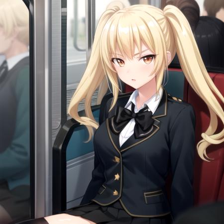 ((masterpiece)),(best quality),official art,extremely detailed CG,unity 8k wallpaper,ultra detailed,train interior,1girl,solo,upper body,looking at viewer,long hair,blonde hair,twintails,bangs,sidelocks,orange eyes,school uniform,buttons,black jacket,long sleeves,black bowtie,black bow,white shirt,collared shirt,dress shirt,large breasts,pleated skirt,black skirt,miniskirt,zettai ryouiki,thighhighs,loafers,<lora:Momozono Reika(cur)>,