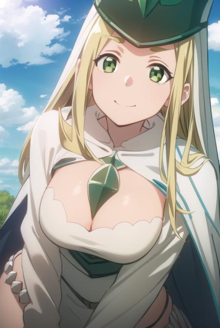 bofurimisery, <lora:bofuri misery s2-lora-nochekaiser:1>,
misery, long hair, blonde hair, (green eyes:1.5), smile,
BREAK hat, cleavage, cape, white cape, dress, white dress, long sleeves,
BREAK outdoors, forest, nature, sky, sun, clouds,
BREAK looking at viewer,
BREAK <lyco:GoodHands-beta2:1>, (masterpiece:1.2), best quality, high resolution, unity 8k wallpaper, (illustration:0.8), (beautiful detailed eyes:1.6), extremely detailed face, perfect lighting, extremely detailed CG, (perfect hands, perfect anatomy),