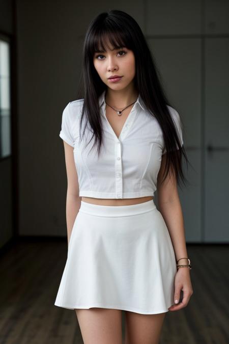 score_9, score_8_up, score_8, 1girl, solo, perfect face, light blue eyes, boot heels, formal white shirt, black skirt, cowboy shot, small breasts, long black hair, red highlights, elegant ponytail, bracelet, necklace, parted bangs, hand on hip, refined, volumetric lighting, cinematic lighting, blurry background, close up