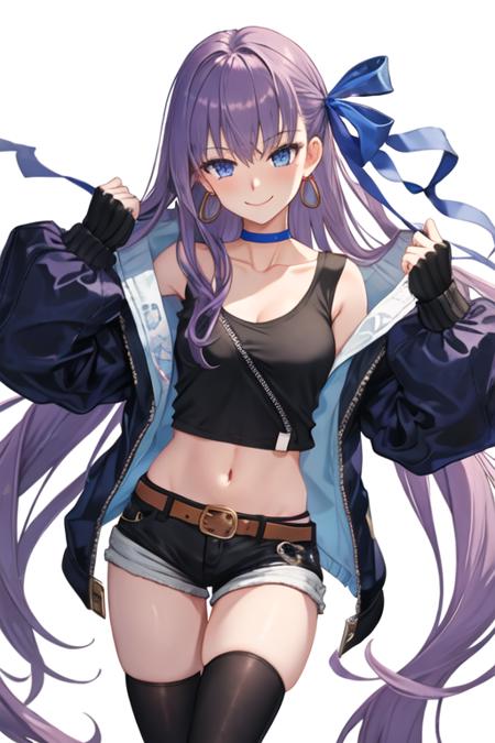 best quality, masterpiece, highres, solo, {meltryllis_fgo:1.15}, long_hair, purple_hair, blue_eyes, bangs, ribbon, hair_ribbon, very_long_hair, breasts, blue_ribbon, small_breasts, blush, collarbone, 1girl, earrings, jewelry, long_sleeves, looking_at_viewer, shirt, shorts, belt, black_shorts, crop_top, jacket, midriff, navel, open_clothes, short_shorts, thighs, black_shirt, open_jacket, smile, zipper