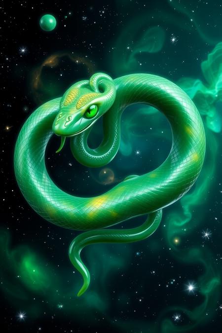 jade_snake. A surreal depiction of a jade snake floating weightlessly in space, its body coiled in an infinity shape. The snake’s scales gleam with a polished, jade-like texture, reflecting cosmic colors of green, gold, and turquoise. Stars and galaxies swirl around it, and its glowing emerald eyes seem to pierce through the vastness of the universe. Its presence feels otherworldly, as if it is a guardian of celestial secrets. The background is a mix of deep black and vibrant nebulas in green and blue hues, amplifying the surreal, cosmic theme.