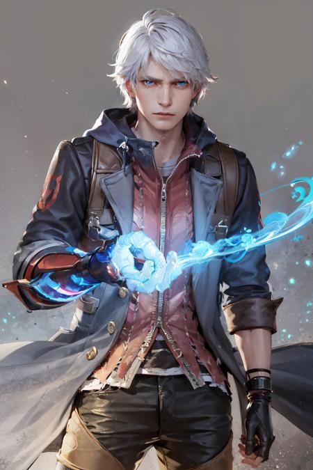 (masterpiece, best quality:1.2), <lora:dmc_nero-10:1>, cowboy shot, solo, male focus, 1boy, nero \(dmc4\), expressionless, closed mouth, looking at viewer, coat, hood, pants, (gloves:1.1)