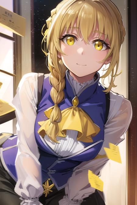 guildgirl, <lora:guildgirl-lora-nochekaiser:1>,
guild girl, long hair, blonde hair, (yellow eyes:1.5), braid, single braid, smile,
BREAK skirt, shirt, long sleeves, white shirt, pantyhose, black skirt, vest, long skirt, yellow ribbon, ascot, yellow ascot,
BREAK looking at viewer, upper body, full body, (cowboy shot:1.5),
BREAK outdoors, city,
BREAK <lora:GoodHands-vanilla:1>, (masterpiece:1.2), best quality, high resolution, unity 8k wallpaper, (illustration:0.8), (beautiful detailed eyes:1.6), extremely detailed face, perfect lighting, extremely detailed CG, (perfect hands, perfect anatomy),