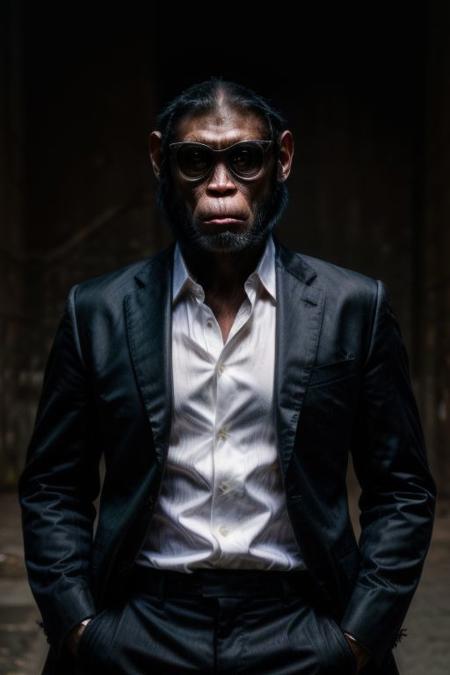 (analog photo) of a (gangster chimp) wearing a black suit with a white shirt and black tie and wearing black Rayban style sunglasses, serious face,  (hands in pockets, confident posture,) masterpiece, Fine art photography, award winning photography