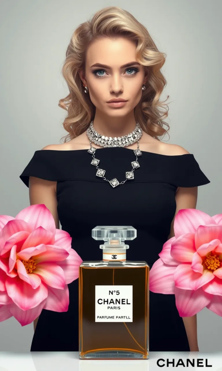 The image is a portrait of a young woman with blonde curly hair. She is wearing a black off-the-shoulder dress with a statement necklace and earrings. Her hair is styled in loose curls and she is looking directly at the camera with a serious expression. In front of her, there is a large bottle of Chanel No. 5 perfume with a gold cap and a label that reads "Chanel Paris". There are two large pink flowers on either side of the bottle, adding a pop of color to the image. The background is a light grey color, making the woman and the perfume stand out.